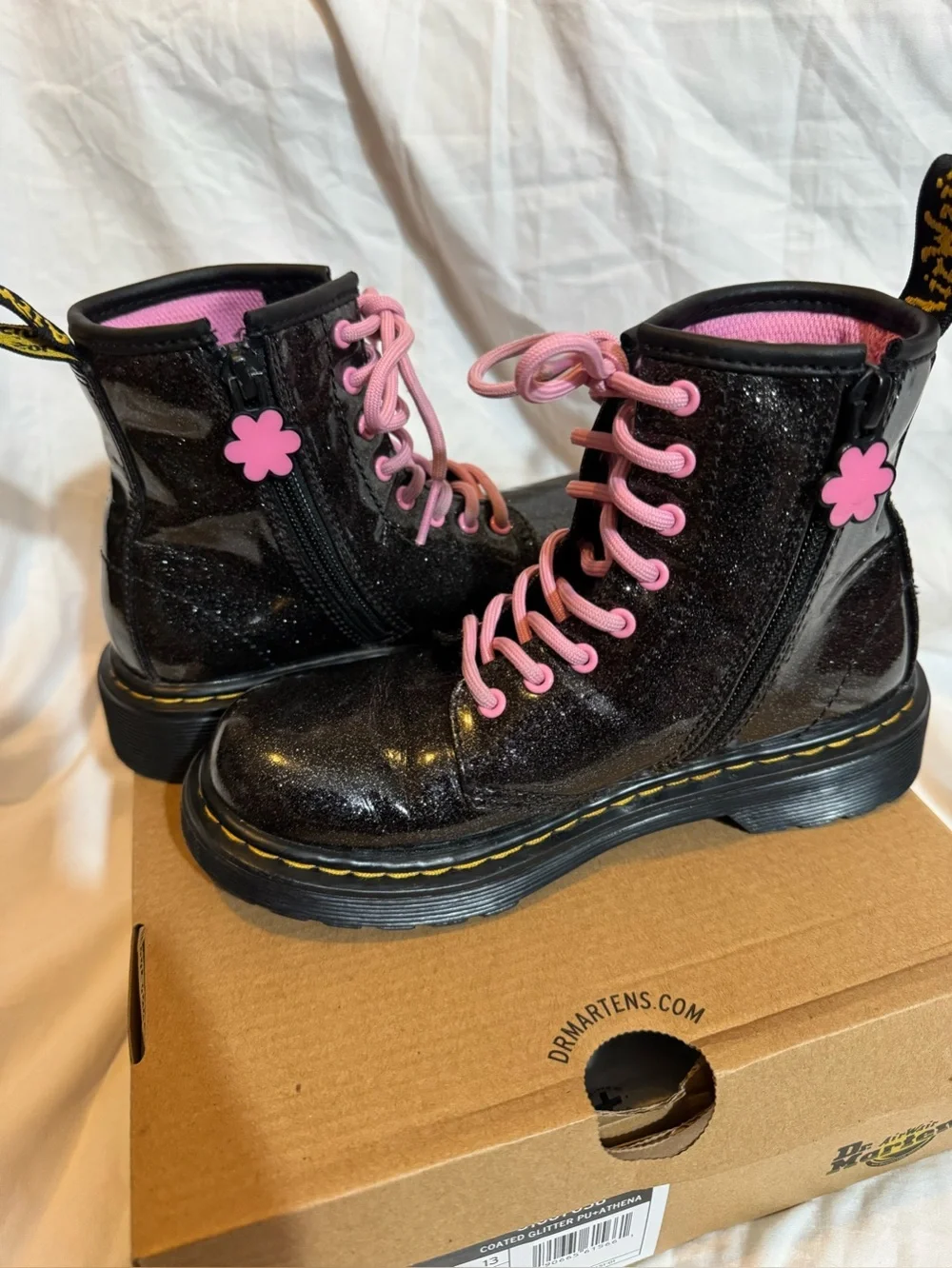 Dr. Martens Black Glitter Boots with Pink Laces and Floral Appliqués